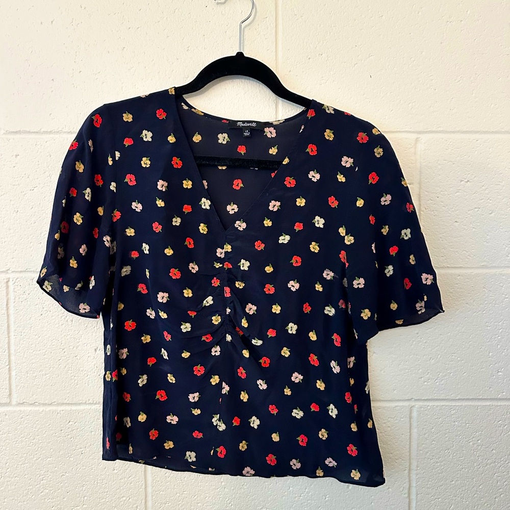 Madewell short sleeve silk flower blouse in navy